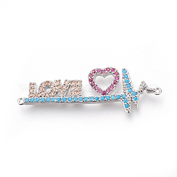 Brass Micro Pave Cubic Zirconia Links, Electrocardiograph & Heart with Word Love, Colorful, Platinum, 36x12x2mm, Hole: 0.7mm
