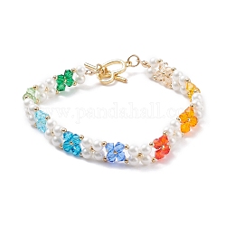 Bracciale con perle di conchiglia e fiore intrecciato con perline di vetro, Bracciale avvolgente in filo di ottone per donna, colorato, 7-3/4 pollice (19.7 cm)
