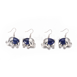 Pendientes colgantes de lapislázuli natural, con fornituras de latón, elefante, 40 mm, pin: 0.7 mm
