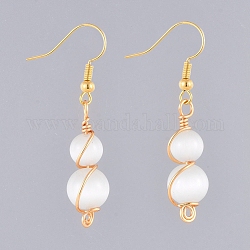 Brass Dangle Earrings, with Cat Eye Beads, Round, White, 45mm, pin: 0.6mm