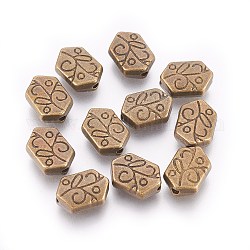 Tibetischer stil legierung perlen, Cadmiumfrei und Nickel frei und Bleifrei, Antik Bronze Farbe, Sechskant mit Blatt, ca. 11.5 mm lang, 8 mm breit, 4 mm dick, Bohrung: 1 mm