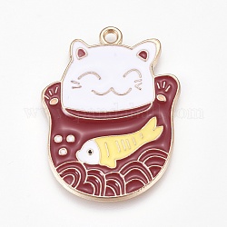 Alloy Enamel Kitten Pendants, Maneki Neko/Beckoning Cat with Fish Shape, Golden, Brown, 37x27.5x1.5mm, Hole: 2.3mm