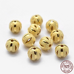 925 Sterling Silver Spacer Beads, Hollow Round, Textured Beads, Golden, 8mm, Hole: 1mm