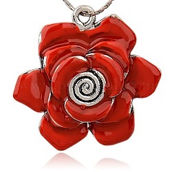 Lovely Flower Pendant Necklace Findings, Alloy Enamel Pendants, Antique Silver, Red, 45x46x6mm, Hole: 3mm
