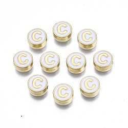 Legierung Emaille-Perlen, cadmiumfrei und bleifrei, Licht Gold, flach rund mit Alphabet, weiß, letter.c, 8x4 mm, Bohrung: 1.5 mm