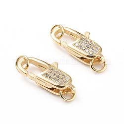 Brass Micro Pave Clear Cubic Zirconia Lobster Claw Clasp, with Jump Rings, Long-Lasting Plated, Real 18K Gold Plated, 19.5x9.5x5mm, Hole: 3.2mm