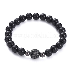 Stretch Bracelets, with Natural Black Agate(Dyed) Beads, Brass Cubic Zirconia Beads, Brass Spacer Beads and Elastic Crystal Thread, Gunmetal, 2-1/4 inch(5.58cm)