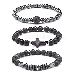Ensemble de bracelets extensibles de perles de croix de puissance d'énergie pour hommes femmes, Bracelets en bois naturel et turquoise synthétique (teint) et hématite synthétique et perles de lave naturelle, diamètre intérieur: 2-1/8 pouce (5.5 cm), 3 pièces / kit