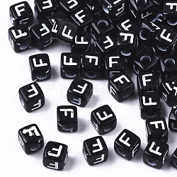 Perline acrilico opaco, foro orizzontale, stile alfabeto, cubo, bianco e nero, letter.f, 5x5x5mm, Foro: 2 mm, circa 440pcs/44g