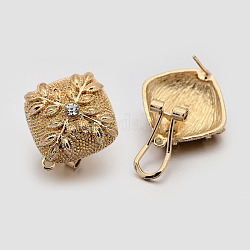 Alloy Rhombus with Leaf Stud Earring Findings, French Clip Earrings, with Loop, for Dangle Charms Setting and Grade A Rhinestone, Golden, 24x22x6mm, Hole: 1mm, Pin: 0.7mm