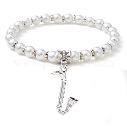 Perles de verre bracelets en perles extensibles, avec l'alliage breloque, instruments de musique, diamètre intérieur: 2-1/2 pouce (6.2 cm), pendentif: 27x17 mm
