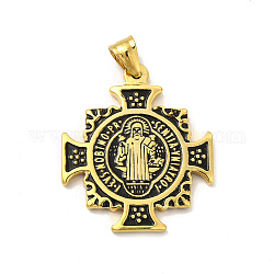 Ion Plating(IP) 304 Stainless Steel Religion Pendants, Saint Benedict of Nursia Maltese Cross Charms, with Black Enamel, Golden, 41x36x2.7mm, Hole: 7x5mm