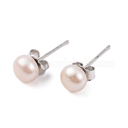 Orecchini a bottone con perle rotonde di perle naturali, con veri reperti in argento sterling placcati platino 925, bianco, 15x5~6mm