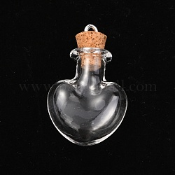 Pendentifs de bouteille en verre, avec bouchon en bois souple, bouteille ouvrable, bouteilles rechargeables, cœur, clair, 35.5mm, Trou: 2.5mm