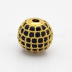 CZ Brass Micro Pave Grade AAA Black Color Cubic Zirconia Round Beads, Cadmium Free & Nickel Free & Lead Free, Golden, 8mm, Hole: 1.7mm