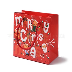 Bolsas de regalo de papel con estampado de santa claus de navidad con asa de cordón de nylon, rojo, Rectángulo, 14.9x13.9x0.5 cm, desplegar: 13.9x7.1x14.9cm