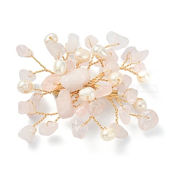 Brosche mit natürlichen Rosenquarzsplittern und Perlenblumen, Goldene 304 Anstecknadel aus Edelstahl mit Drahtwicklung für Damen, 45~55x55~60x10 mm