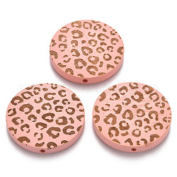 Perle di legno naturale verniciate, motivo inciso al laser, piatta e rotonda con stampa leopardo, roso, 30x5mm, Foro: 1.6 mm