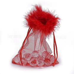 Organza Beutel Geschenkbeutel, mit Kordelzug und Feder, Schmuckbeutel Taschen, für Hochzeitsfeier Süßigkeiten Netzbeutel, Rechteck, rot, 17.5x12.5x0.07 cm
