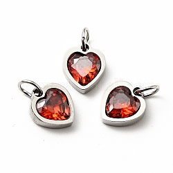 304 Stainless Steel Pendants, with Cubic Zirconia and Jump Rings, Single Stone Charms, Heart, Stainless Steel Color, FireBrick, 9x8x3mm, Hole: 3.6mm
