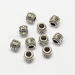 Perles européennes rondes à gros trou avec strass en alliage, argent antique, cristal, 10x8.5mm, Trou: 5mm