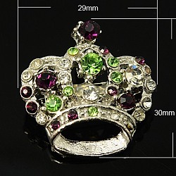 Fashion Alloy Crown Brooches, with Rhinestones and Iron Findings, Platinum Metal Color, Green, 30x29mm, Pin: 0.8mm