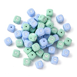 Silicone Beads for Bracelet or Necklace Making, Light Blue Cube with Word, Random Mixed Letters, 12x12x12mm, Hole: 3mm