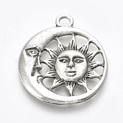 Tibetan Style Alloy Pendants, Flat Round with Sun and Moon, Lead Free & Cadmium Free, Antique Silver, 28.5x25x2.5mm, Hole: 2.5mm, about 157pcs/500g