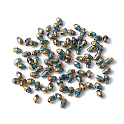 Perles en verre electroplate, la moitié plaqué or, facette, larme, bleu acier, 6x4x4mm, Trou: 1mm, environ 500 pcs / sachet 