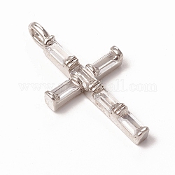 Brass Micro Pave Clear Cubic Zirconia Pendants, Long-Lasting Plated, Cross, Platinum, 24x12.5x3mm, Hole: 3x2mm