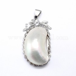 White Shell Pendants, with Brass Findings, Platinum, 49x26x12mm, Hole: 8x3mm