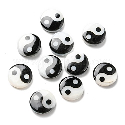 Perles de coquillage d'eau douce naturelles imprimées, perles rondes plates yin yang, noir, 11~12x3~3.5mm, Trou: 0.8mm