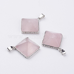 Pendentifs de quartz rose naturel, avec accessoires en laiton, pyramide, platine, 28.5x32x13mm, Trou: 3.5x6mm