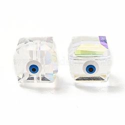 Perle di vetro trasparente, con smalto, sfaccettato, cubo con motivo malocchio, bianco, 10~11x9x10mm, Foro: 1.6 mm