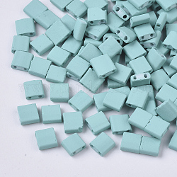 2-Hole Glass Seed Beads, Rubberized Style, Rectangle, Pale Turquoise, 5x4.5~5.5x2~2.5mm, Hole: 0.5~0.8mm