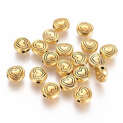 Tibetan Style Alloy Beads, Flat Round with Heart, Antique Golden, Lead Free & Cadmium Free & Nickel Free, 6x6x3mm, Hole: 1.5mm