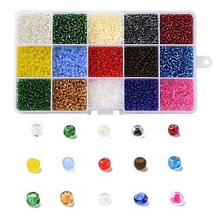 180g 15 colores cuentas de semillas de vidrio, colores transparentes, redondo, color mezclado, 8/0, 3~4x2~3mm, agujero: 0.8~1 mm, 12 g / color