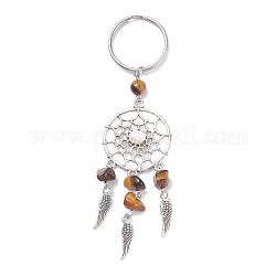 Alloy Keychain, with Grade A Natural Cultured Freshwater Pearl Beads, Natural Gemstone Beads and 304 Stainless Steel Split Key Rings, Woven Net/Web with Feather, 110mm