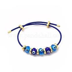 Malocchio a lume e braccialetto con perline in ottone, braccialetto regolabile in corda intrecciata in acciaio inossidabile per donna, blu, diametro interno: 2-1/8~3-3/8 pollice (5.5~8.5 cm)