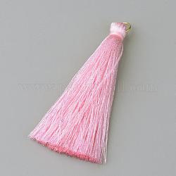 Nylon Thread Tassel Pendants Decoration, with Brass Findings, Golden, Pearl Pink, 35x7mm, Hole: 7mm