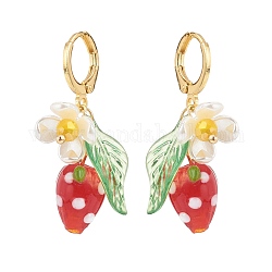 Bunte Malerei-Erdbeere mit Kunststoff-Perlenblumen-Ohrring, vergoldete Messingohrringe für Damen, Farbig, 36 mm, Stift: 1x0.8 mm