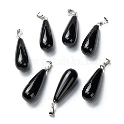 Natürlichen Obsidian Anhänger, Messing mit Platin Zubehör, Träne, 26.5~29x10 mm, Bohrung: 2.5~3.5x4~6 mm