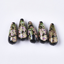 Perles de résine opaques imprimées, larme, avec motif de fleurs, noir, 32x13mm, Trou: 1.5mm