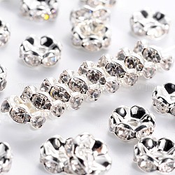 Abalorios de latón Diamante de imitación espaciador, aaa grado, borde ondulado, sin níquel, color plateado, rerondana plana, cristal, 8x3.8mm, agujero: 1.5 mm