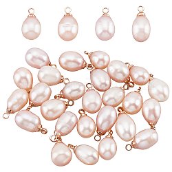 Nbeads breloques de perles naturelles, avec boucles en laiton doré clair, riz, blanc, 11~12.5x6~7mm, Trou: 1.5mm, 30 pcs / boîte