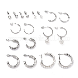 Boucles d'oreilles anneau & rond strass, Boucles d'oreilles demi-créoles pendantes en perles d'imitation, boucles d'oreilles créoles ouvertes pour femmes, platine, 6~35.5x1.5~7mm, pin: 0.8 mm, 9 paires / ensemble