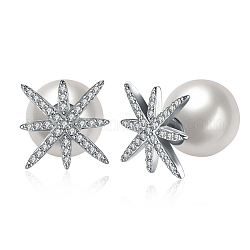 Orecchini zirconi in ottone, con l'imitazione perla, rotondo e fiocco di neve, bianco, platino, 18x12mm
