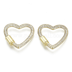 Brass Micro Pave Cubic Zirconia Screw Carabiner Lock Charms, for Necklaces Making, Heart, Nickel Free, Real 16K Gold Plated, Clear, 26x27x3mm, Screw: 8x5mm