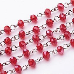 Catene di perle in vetro rondelle fatte a mano per creazione di bracciali collane, con perno in ferro color platino, senza saldatura, rosso, 39.3 pollice, perline: 6x4.5 mm