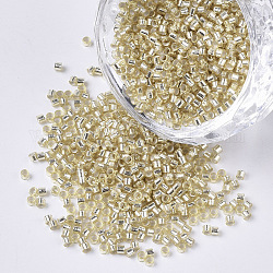 11/0 Grade A Glass Seed Beads, Cylinder, Uniform Seed Bead Size, Silver Lined, Pale Goldenrod, 1.5x1mm, Hole: 0.5mm, about 2000pcs/10g